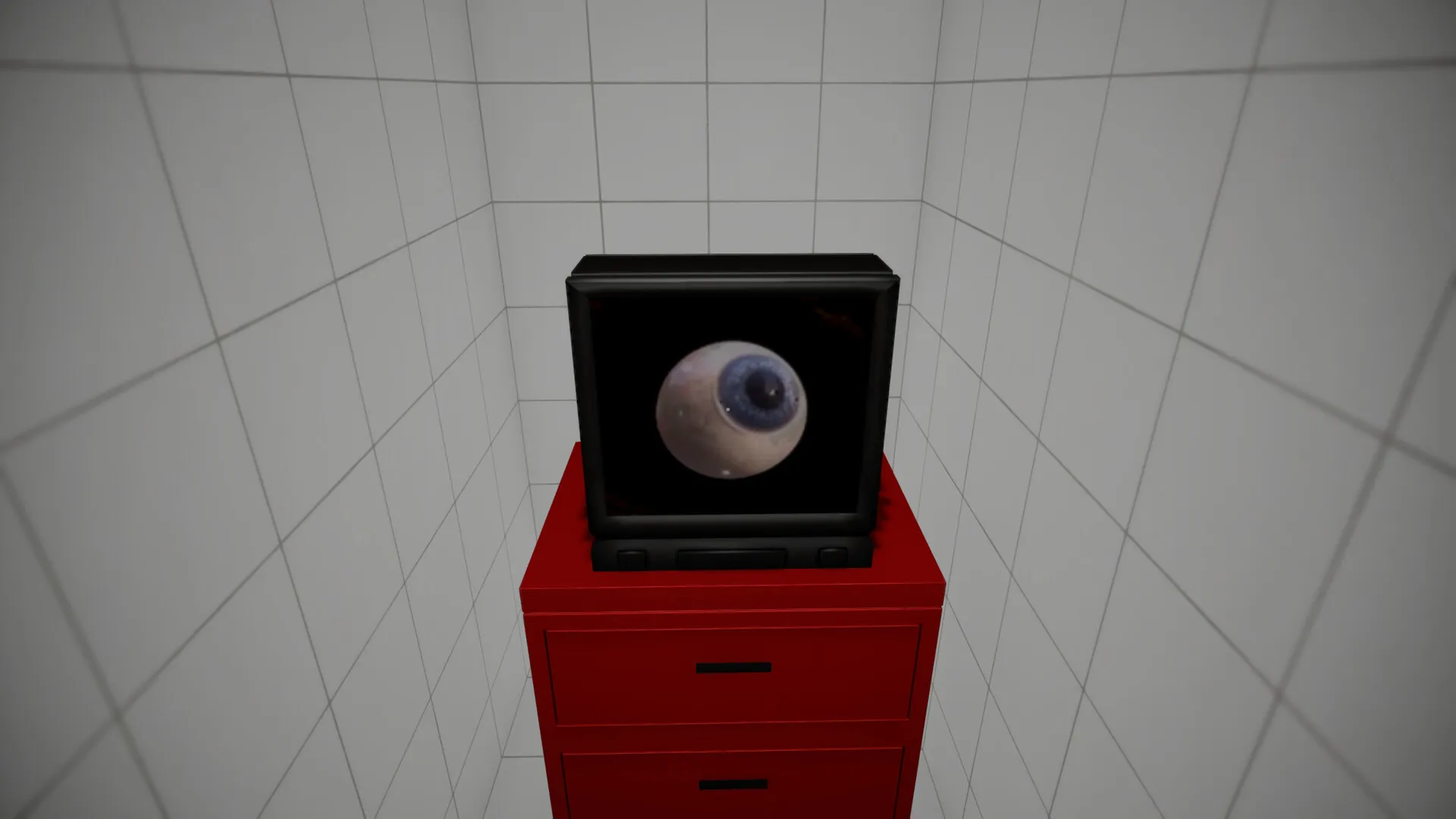 Abyss Occult: an old television on a red cabinet showing a single staring eye