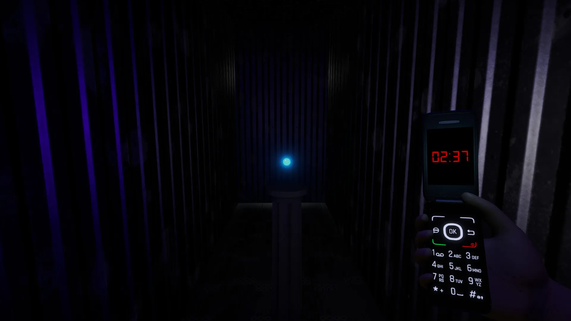 Abyss Occult: the flip phone shows a countdown in a dark room lit by a blue orb