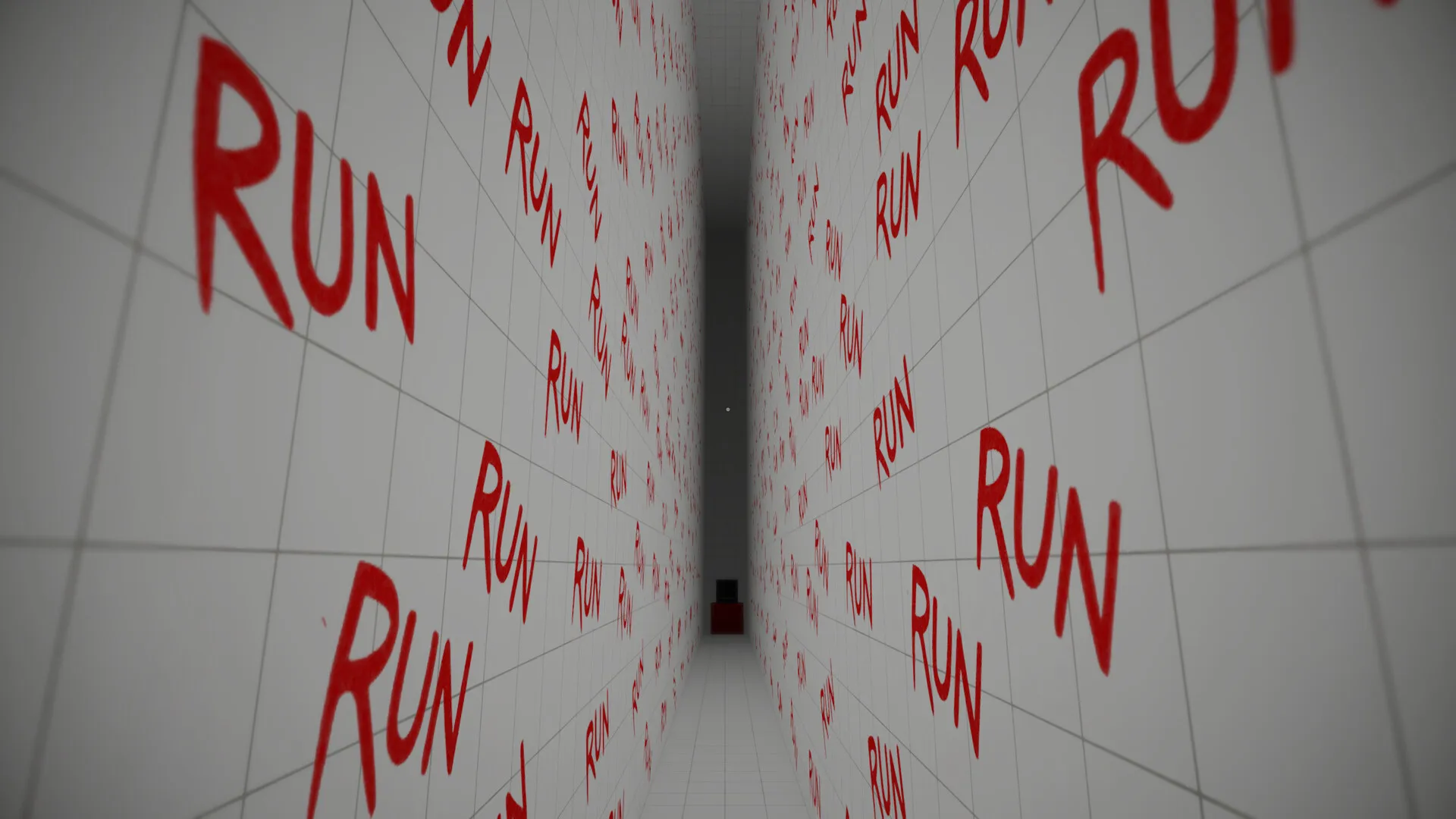 Abyss Occult: a white corridor with RUN scrawled in red across every wall