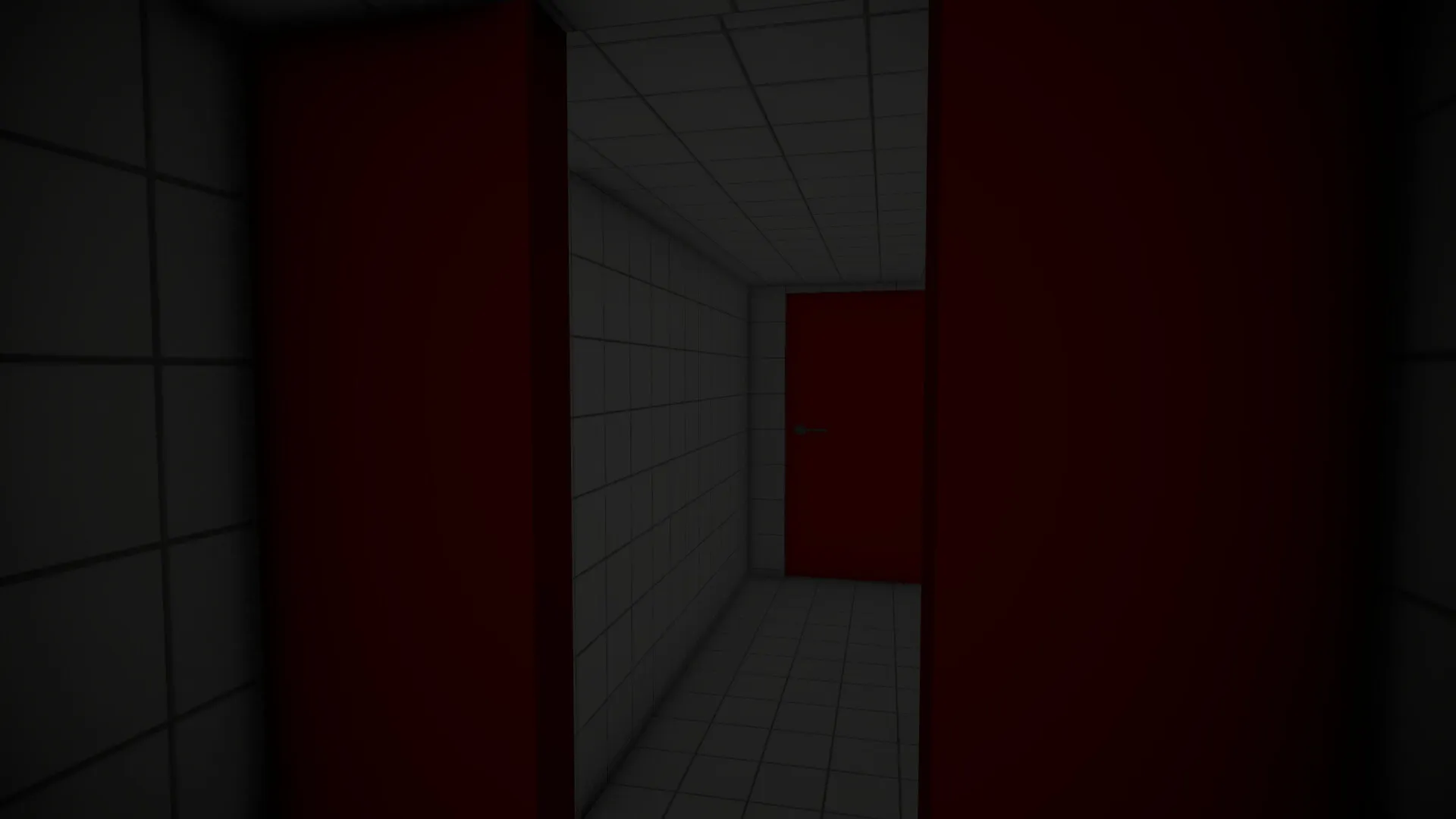 Abyss Occult: white tiled walls broken by blood-red doors