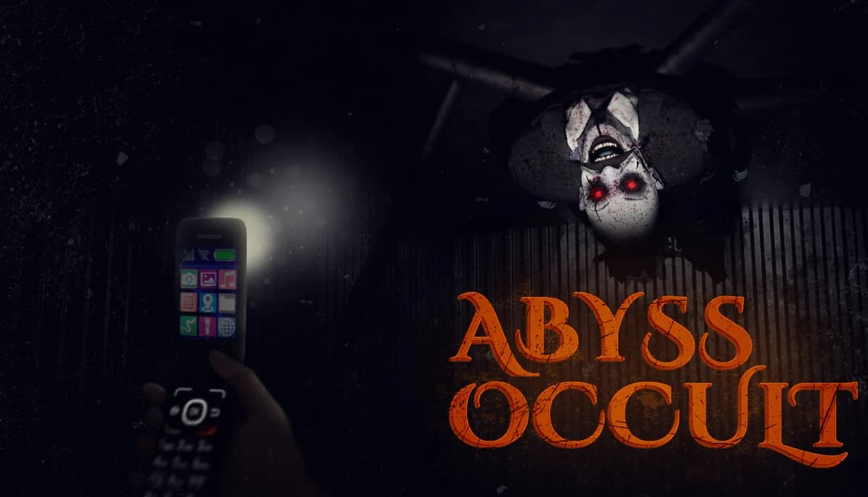 Abyss Occult cover art: a hand holding a flip phone light under a pale, red-eyed figure hanging upside down