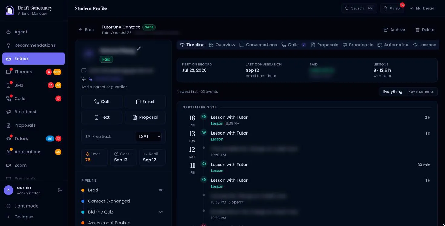 Draft Sanctuary student profile with a timeline of lessons, emails and calls (personal details hidden)