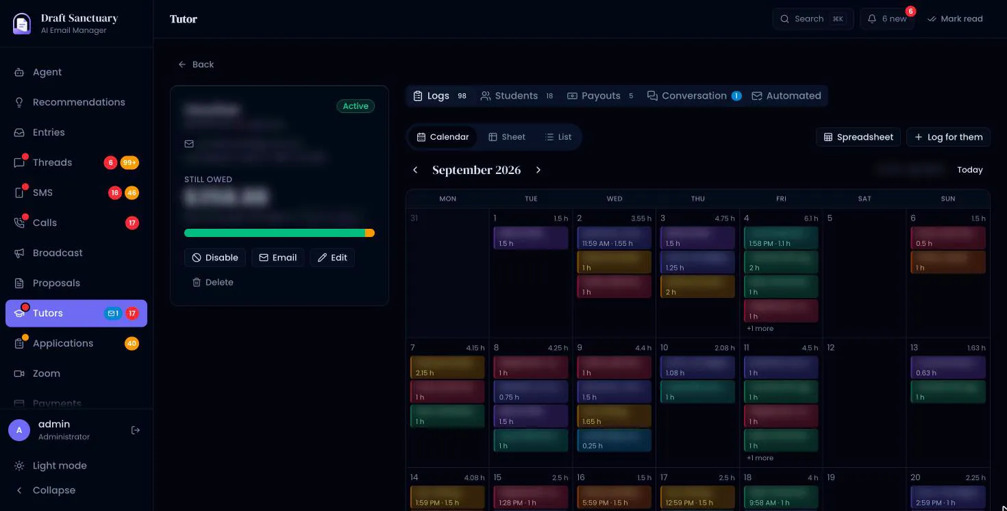 Draft Sanctuary tutor view with a calendar of logged lessons (names hidden)