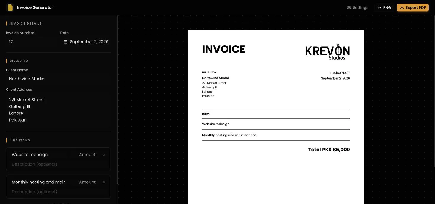 Invoice Generator editing an invoice with a live preview (sample data)