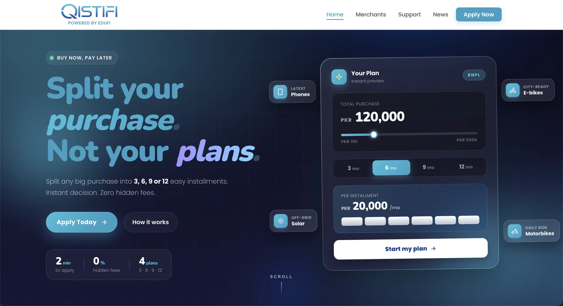 QistiFi homepage with an instalment calculator