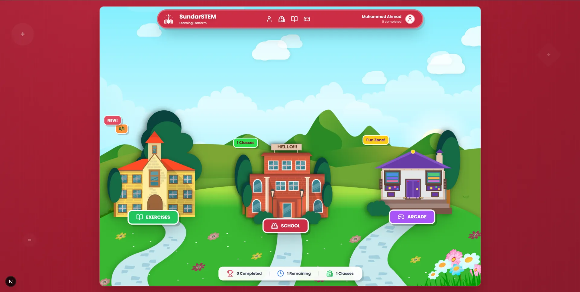 SundarSTEM LMS student world map with three schools to explore