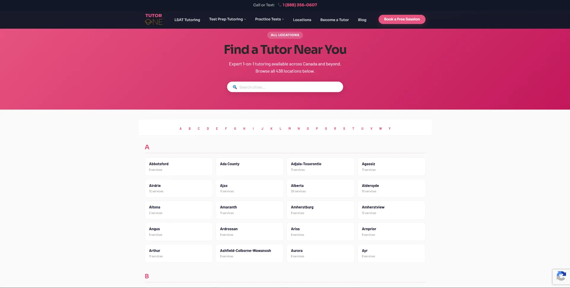 TutorOne find a tutor near you page, with every location listed